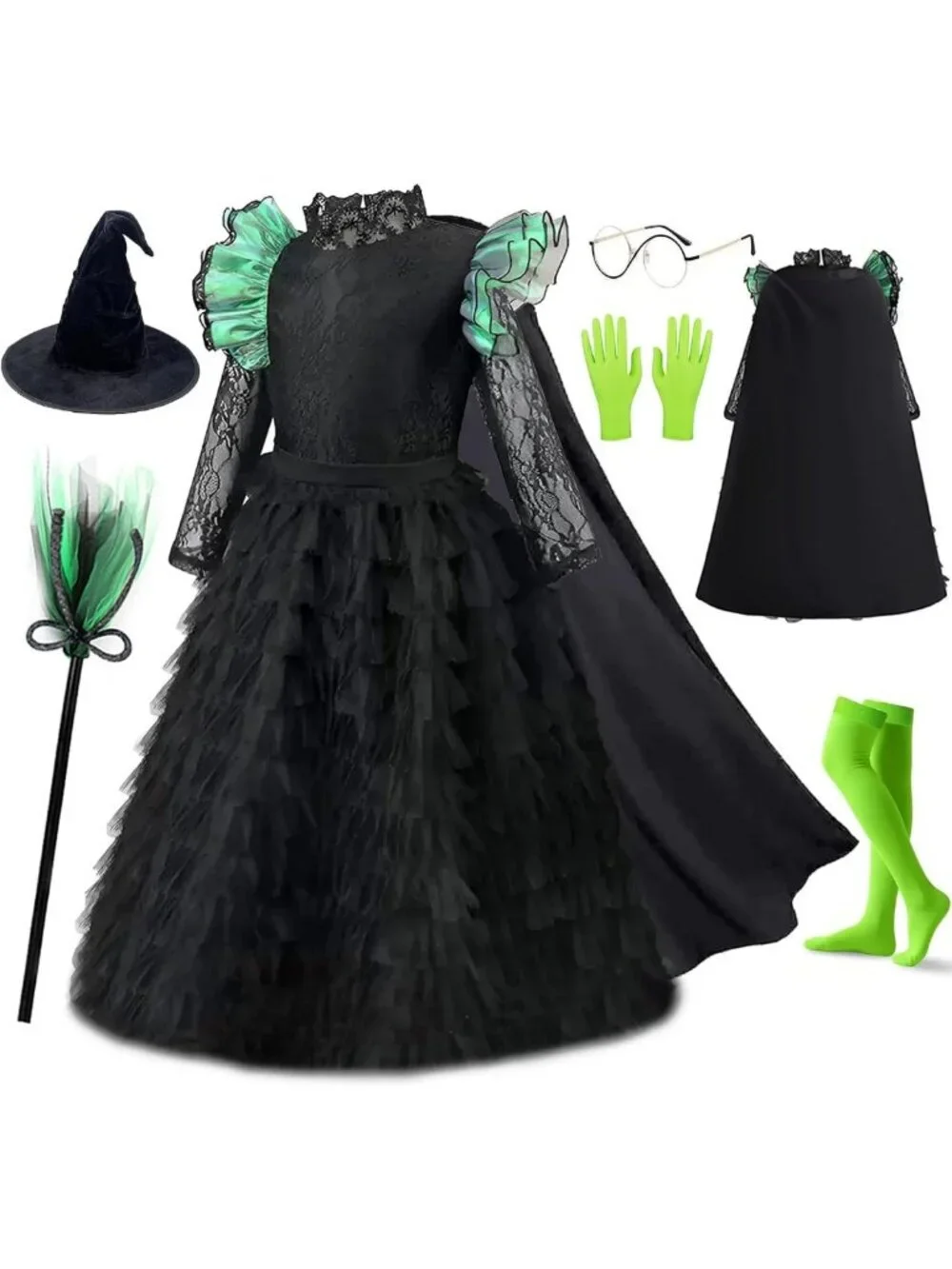 7-Piece Black Witch Costume Set for Girls - Dress, Hat, Cape & Accessories